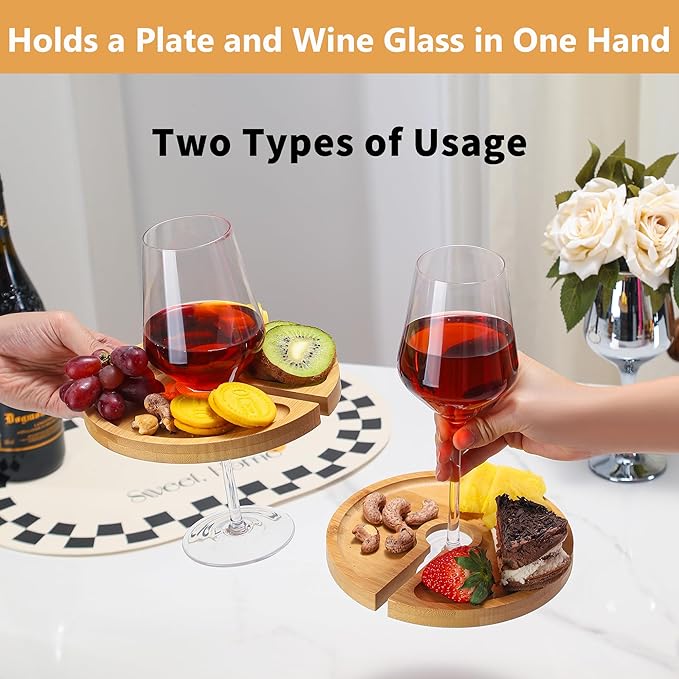 Mini Charcuterie Board with Wine Holder, Wine Glass Charcuterie Topper, Wine Gifts Accessories, Cheese Appetizer Plates for Wine Party Family Gatherings Bars Restaurants, 7.1'' Set of 4