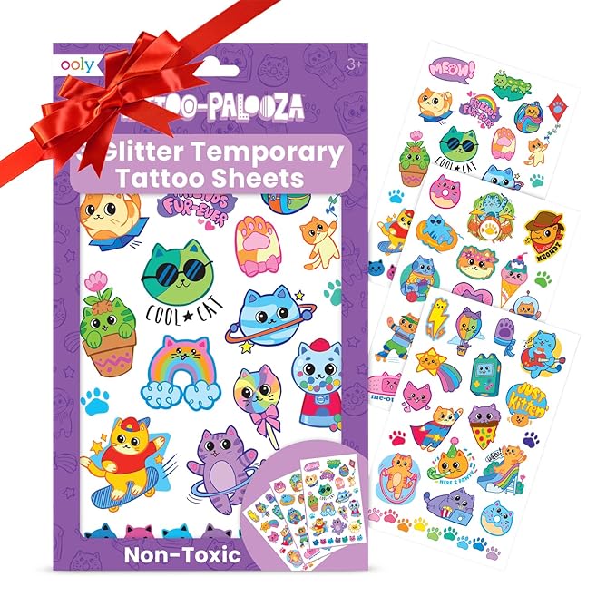 Ooly 50 Glitter Temporary Tattoos For Kids, Safe & Non-Toxic Temporary Tattoo, Party Favors Gifts for Kids, Great Goodie Bag Stuffers & Fun Birthday Decorations - Colorful Cats