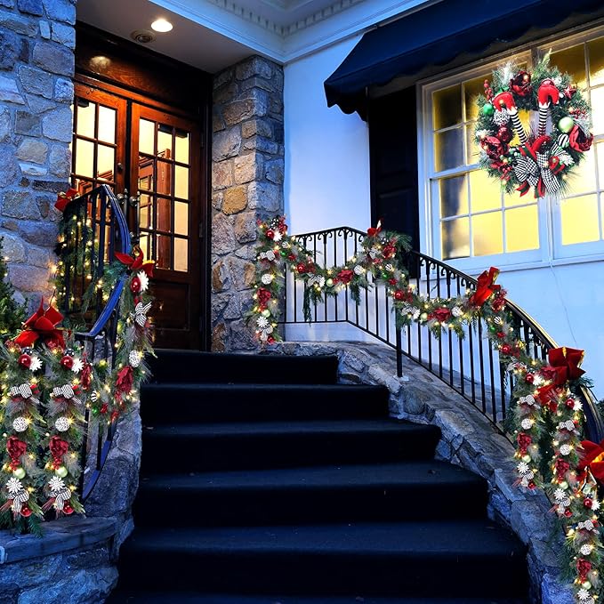 GarveeHome Prelit Christmas Garland for Mantle, 6 ft Battery Operated Xmas Garland with 20 LED Lights Timer Red Green Balls for Fireplace Stair Railing TV Stand Indoor Outdoor Holiday Decor