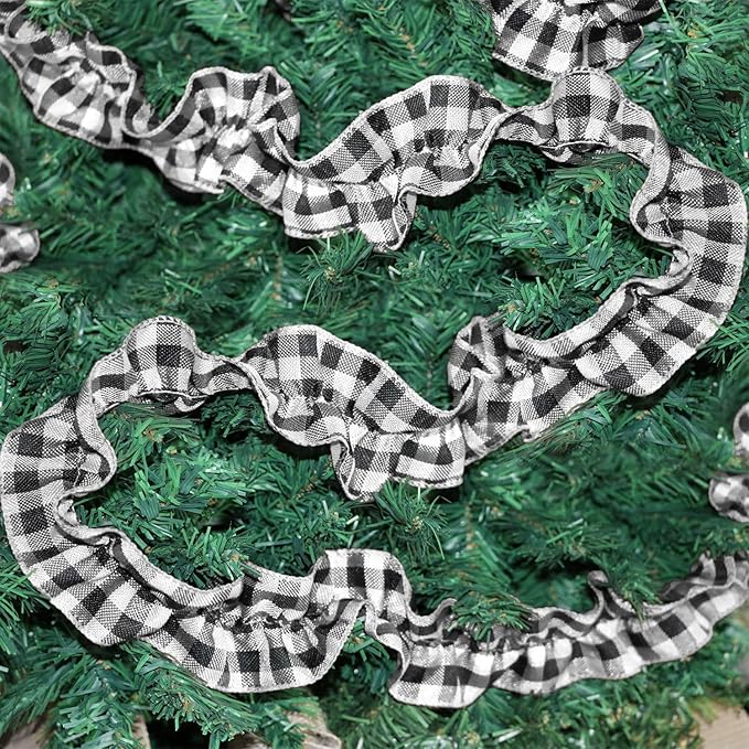 Jishi Christmas Tree Ribbon Garland Buffalo Plaid Christmas Decorations, 9 Ft X 6 Rolls Black & White Buffalo Check Fabric Xmas Tree Ribbon Garland, Vintage Country Rustic Farmhouse Holiday Home Decor