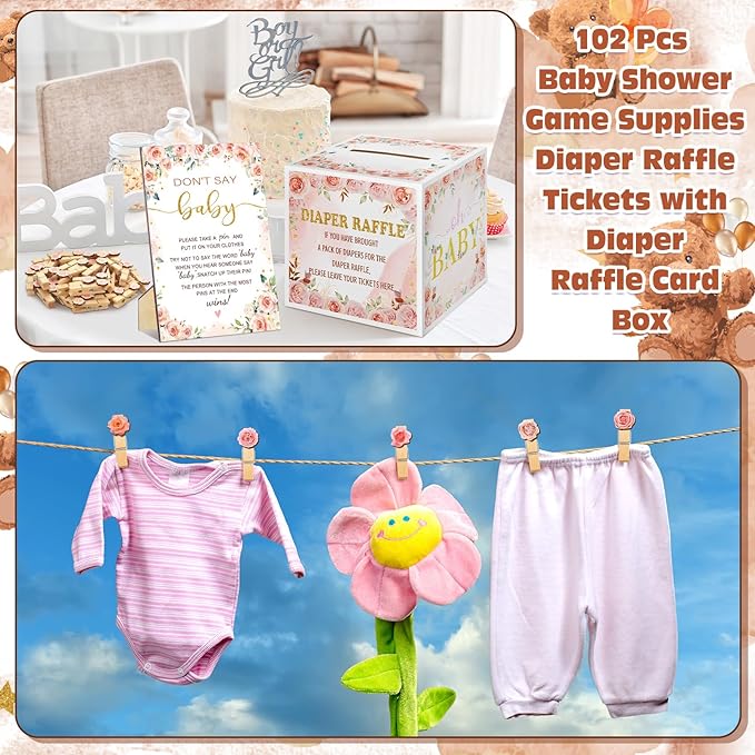 102 Pcs Floral Baby Shower Game Supplies Diaper Raffle Tickets with Diaper Raffle Card Box Don't Say Baby Sign Mini Floral Clothespin Game Decor for Gender Reveal Favor