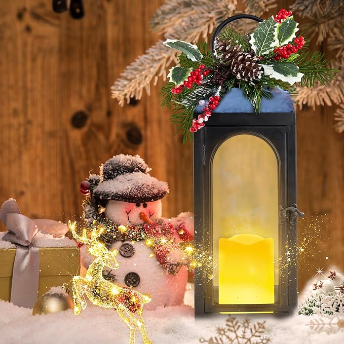 Christmas Lanterns Decorative Indoor, Christmas Lantern Outdoor with Timer, 16 Inch Decorative Candle Lanterns Flameless Light with Floral and Greenery for Table Centerpieces,Home, Porch Decor