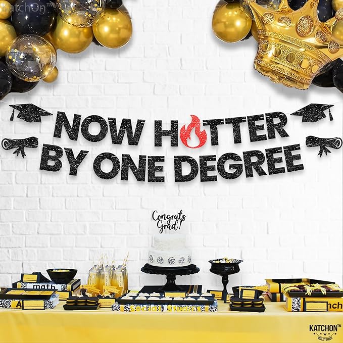 Katchon, Now Hotter By One Degree Banner-10 Feet | Congrats Grad Banner | One Degree Hotter Decorations | Graduation Backdrop |orange Graduation Decorations 2025 | Glitter Black graduation Banner