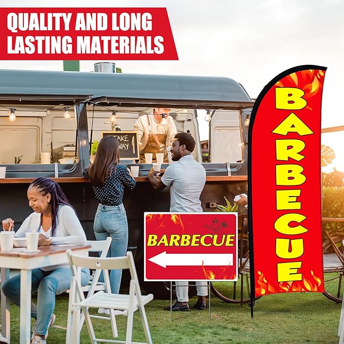 Buryeah BBQ Sign Banner Set Including 1 Pack Barbecue Feather Flag Banner 3 Pack Double Sided Directional Arrow Barbecue Yard Signs with Metal Stake for Business Advertising Outdoor Ground (Red)