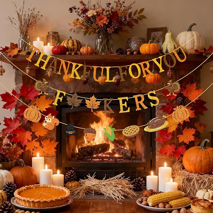 Thankful for You Banner Glitter Friendsgiving Party Decorations Happy Thanksgiving Day Indoor Decor for Home Office Mantle Fall Pre Assembled Hanging Garland Sign Turkey Pumpkin Plastic