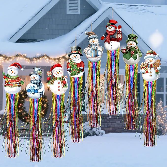8pcs Christmas Windsocks Outdoor Hanging Decorations with Tassels Snowman Yard Decorations for Outside 3.3ft Xmas Decorative Signs for Wall Tree Home Lawn Yard Party Supplies Garden Decor