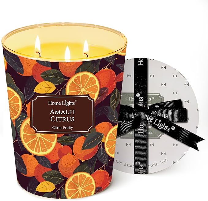 HomeLights 3-Wick Candles for Home Scented - 34oz Soy Wax Blend Candle Long-Lasting Fragrance, Eclectic Mixed Styles Home Decor and Housewarming Gifts, Amalfi Citrus