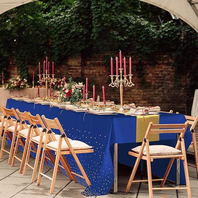 12Pack Disposable Plastic Tablecloths and Satin Table Runner Set Blue and Gold Dot Tablecloth Gold Satin Table Runner for Wedding Birthday Baby Shower Anniversary Christmas New Year Party Decorations