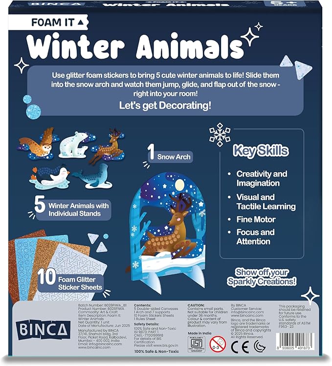 BINCA Foam Sticker Mosaic Art Activity, 750+ 3D Glitter Foam Stickers, 5 Winter Animals with Display Arch, Christmas Stocking Stuffers, DIY Mess-Free Activities, Gifts for Boys & Girls Ages 5,6,7,8