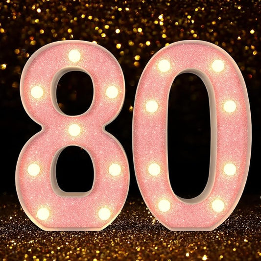 Marquee Light up Numbers 0-9, Battery Powered LED Light, Pink Glitter Plastic for 80th Birthday Decorations, Graduation Engagement Wedding Decor (Number 80)