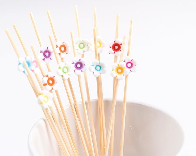 PuTwo Cocktail Picks Handmade Bamboo Toothpicks 100pcs 4.7” in Multicolor Flower