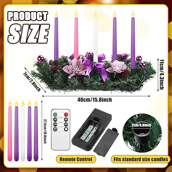 Tioncy 12 Inch Christmas Advent Wreath Candle Holder with 5 Flameless Candles Remote Control Wreaths Holder Centerpiece Decoration with Berries(Purple Poinsettia,11 x 0.8 x 0.8 in)