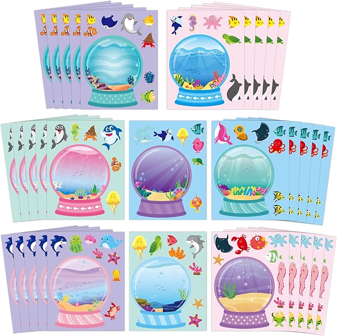 CY2SIDE Ocean Animal Crystal Ball Stickers - 40PCS Crystal Summer Sea Animals Make a Face Sticker Sheet for Kids Make Your Own Under The Sea Fish Tank Scene Craft Games for Kids Classroom Activities