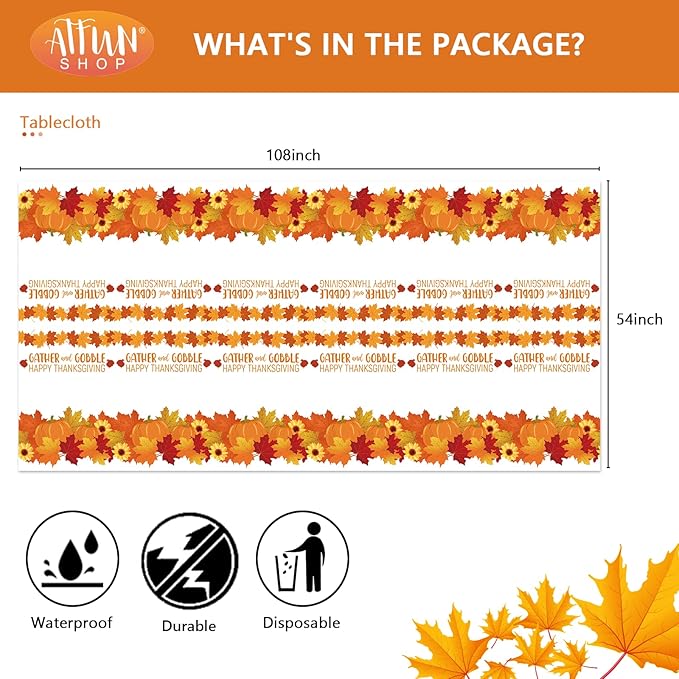 ATFUNSHOP Thanksgiving Tablecloth 2 Pack 54" X 108" Disposable Fall Table Cover Party Supplies Pumpkins Turkey Water Proof Plastic Table Cloth for Thanksgiving Decoration Dinner Party