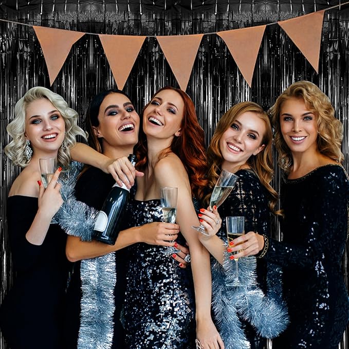 10 Pack Foil Curtain Backdrop Black Metallic Tinsel Foil Fringe Curtains Photo Booth Props for Birthday Wedding Engagement Baby Shower Bachelorette Christmas Holiday Celebration Party