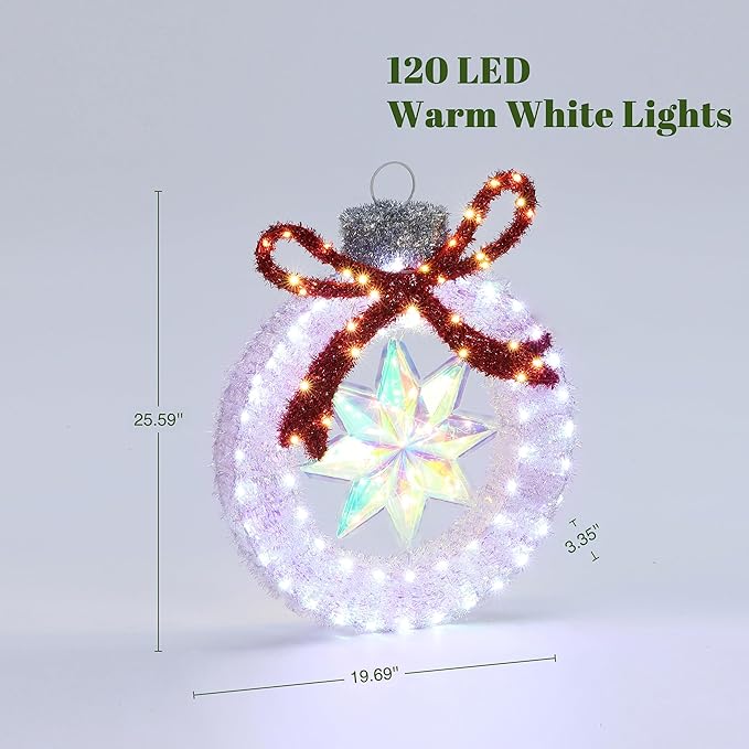 LuxenHome 2FT Lighted Ornament Christmas Outdoor Decorations, Large Light Up Christmas Ornament with Red Bow Yard Decorations Outdoor with 120 LED Lights, Lawn Decor for Xmas, Porch Display