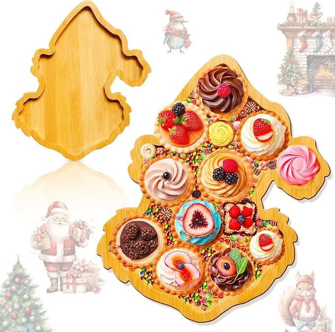 1 PCS Wooden Christmas Serving Trays Christmas Charcuterie Boards for Food Fruit Xmas Serving Platters for 2026 New Year Party Supplies Fillable Holiday Dish Plates for Party Home Tabletop Decoration