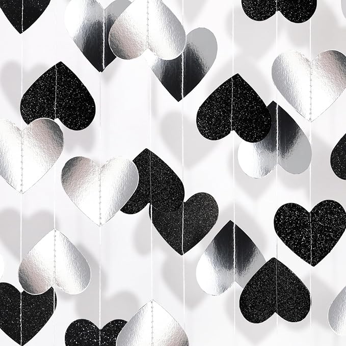 Men Black Birthday Party Decorations: Silver White Glitter Hearts Banner Garland Streamers Backdrop for Bachelorette Bachelor Events Engagement Wedding Celebration Halloween Décor - 52 Ft