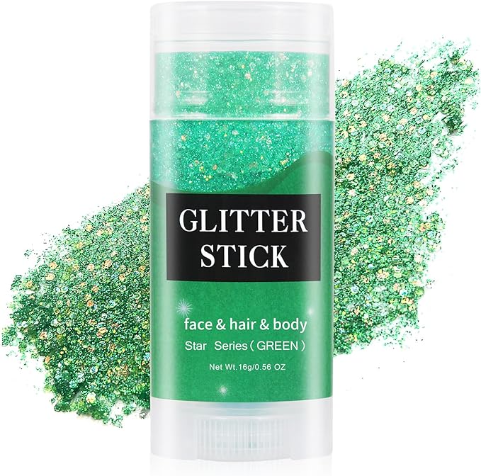 MEICOLY Green Body Glitter Stick,Christmas Hair Glitter Stocking Stuffers for Women Kids,Green Accessories for Spirit Week,Alien Face Glitter,St Patricks Day Accessories,Chunky Glitter for Mardi Gras