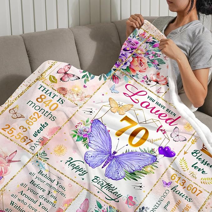 70th Birthday Gifts for Women, Super Soft Unique Fun Purple Butterfly Flower Blanket Gifts for Anniversary Christmas, 70th Birthday Decorations for Women, Cozy Warm Plush Fuzzy Fleece Blanket 80"x60"