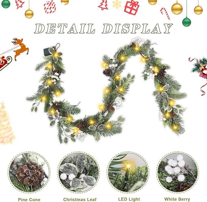 Artgar 6 Ft Christmas Garland, Pre-Lit Christmas Garland - Artificial Garland Christmas Decorations with 30 LED Lights Decorated with Pinecones, Berries for Mantels Dining Tables Porch Decor (White)