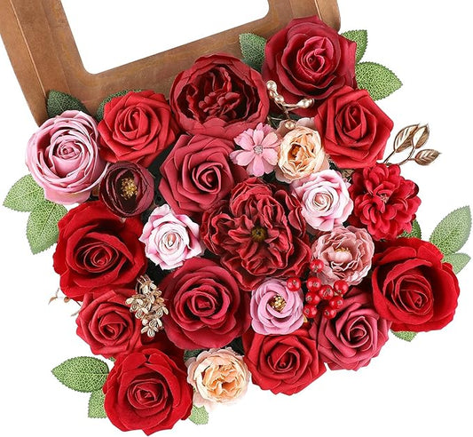 AGIRL Red Artificial Flowers Combo Fake Flowers Red Rose Silk Flowers Fake Floral Arrangements for DIY Wedding Bouquets Centerpieces Table Decor Baby Shower Home Decor