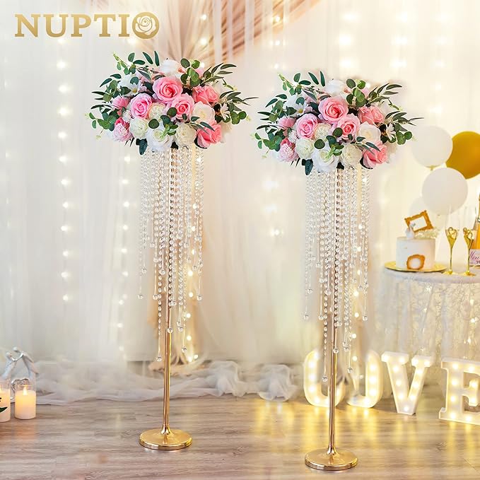 NUPTIO Wedding Centerpieces Gold Vases: 2 Pcs 39.4in Tall Crystal Flower Vase Metal Flowers Stand for Party Tables Decorations - Elegant Bulk Weddings Decoration Table Chandelier Centerpiece Stands