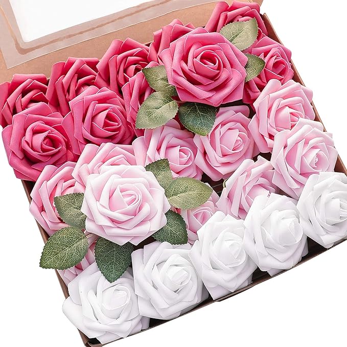 Floroom Artificial Flowers 25pcs Real Looking Blush Pink Ombre Colors Foam Fake Roses with Stems for DIY Wedding Bouquets Bridal Shower Centerpieces Floral Arrangements Party Tables Home Decorations