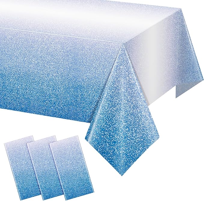 FunnyPars 3 Pack Ombre Blue Plastic Tablecloth for Parties, Gradient Pastel Blue Disposable Tablecloths for Rectangle Tables, Sprinkle Table Cover for Wedding Birthday Anniversary Party, 54 x 108Inch
