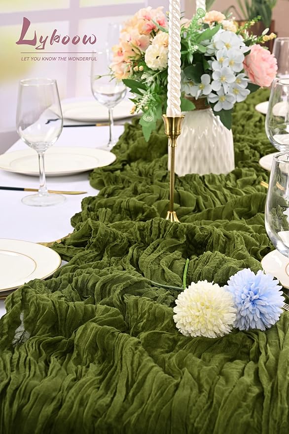 10 Packs Cheesecloth Table Runner Olive Green, 10Ft x 35" Army Green Rustic Gauze Boho Wedding Table Runner Decoration