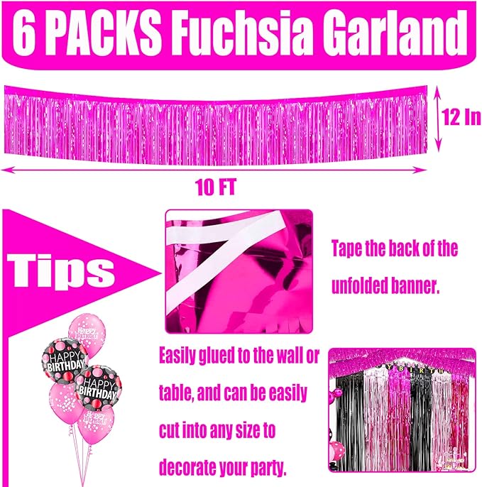 6 Pack 10 Feet Foil Fringe Garland Metallic Tinsel Streamers Banner Wall Hanging Curtain Backdrop for Parade Floats, Bachelorette, Wedding, Birthday, Halloween, Christmas Party Decorations(Fuchsia)