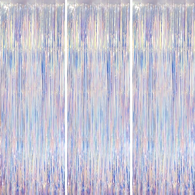Iridescent Party Backdrop 3Packs Transparent Tinsel Foil Fringe Curtain for Frozen Mermaid Sea Birthday Party Decorations, 3.3x8.2ft Streamers Backdrops