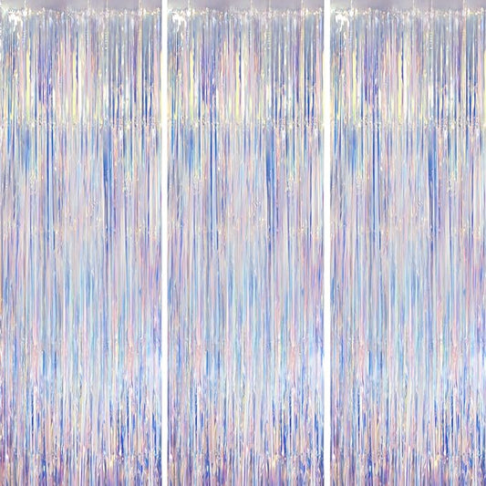 Iridescent Party Backdrop 3Packs Transparent Tinsel Foil Fringe Curtain for Frozen Mermaid Sea Birthday Party Decorations, 3.3x8.2ft Streamers Backdrops