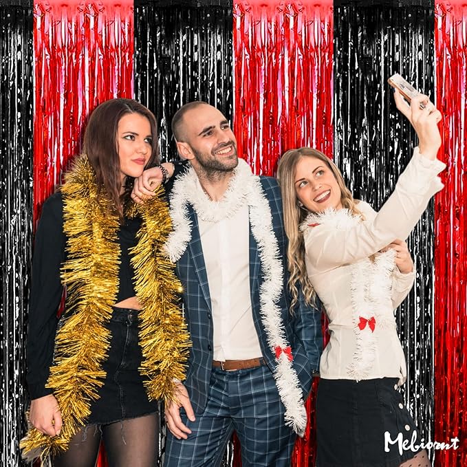 4 Pack 3.2Ft x 9.8Ft Black Red Fringe Curtain Backdrop, Metallic Tinsel Foil Fringe Streamers Curtains Background for Photo Booth Wedding Casino Viva Las Vegas Game Night Birthday Party Decorations