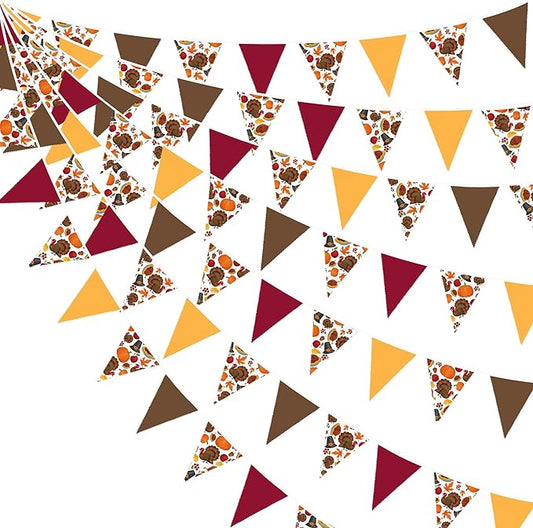 32Ft Thanksgiving Party Decorations Burgundy Brown Fall Banner Fabric Triangle Flag Pennant Garland Streamers for Happy Fall Thanksgiving Day Harvest Autumn Birthday Baby Shower Outdoor Garden Decor