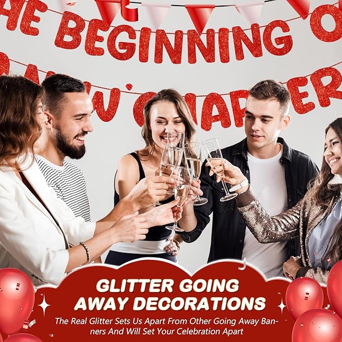 Fulmoon Pre Strung the Beginning of a New Chapter Banner, Glitter Graduation Party Decorations, Happy Retirement Supplies, Going Away Farewell New Home Job Change Party Sign Garland(Red)