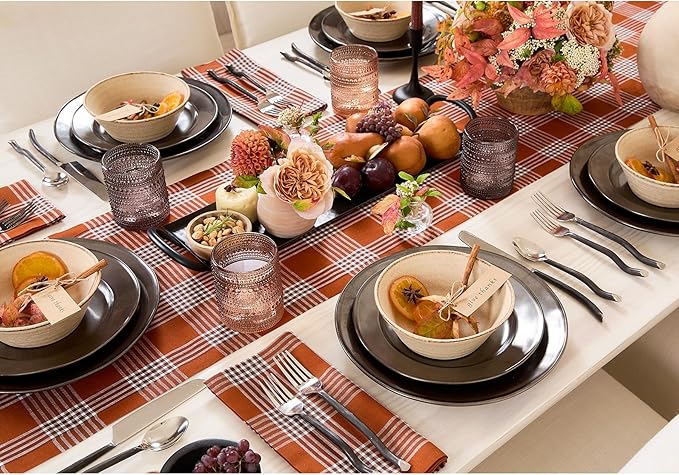 Solino Home Fall Table Runner 108 Inches Long - 100% Pure Linen Glen Check Nutmeg Table Runner 14 x 108 Inch for Dining. Autumn, Thanksgiving