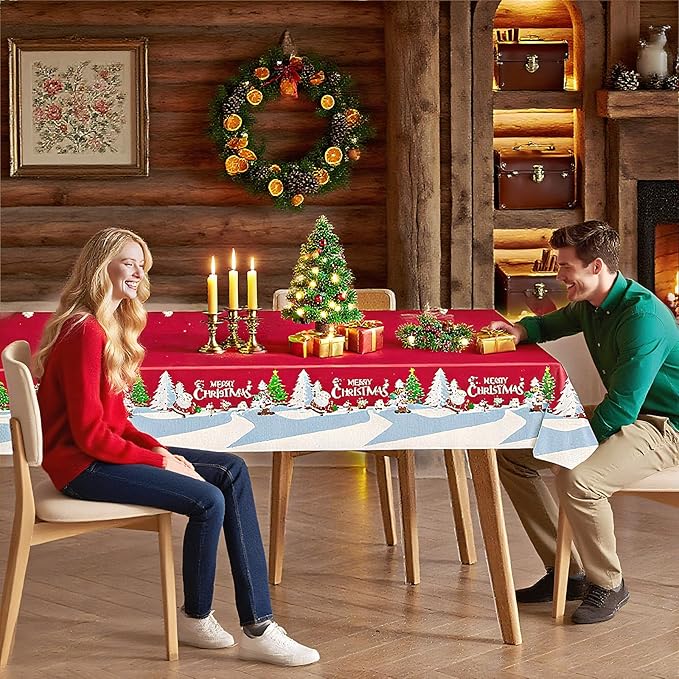 4 Pcs Christmas Tablecloth Plastic Disposable 54x108 Inch Vinyl Christmas Red Blue Table Cloth Snowflake Merry Christmas Rectangle Table Cover Party Decorations Decorations