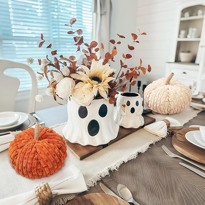 2pcs Faux Pumpkins Fall Harvest Fabric Plush Pumpkin Thanksgiving Halloween Decor for Table Centerpiece Farmhouse (Beige Orange)