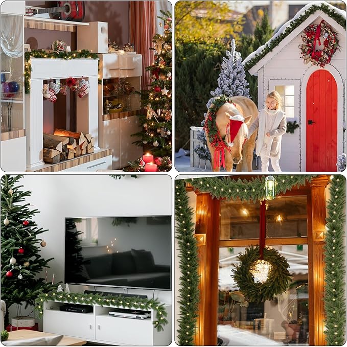 Christmas Garland with Lights 2PCS, 5.91Ft Lighted Garlands, Realistic Greenery Norfolk Pine,18 LED Lights Battery Powered, Timer Included Greenery Garland for Mantle Christmas Decorations