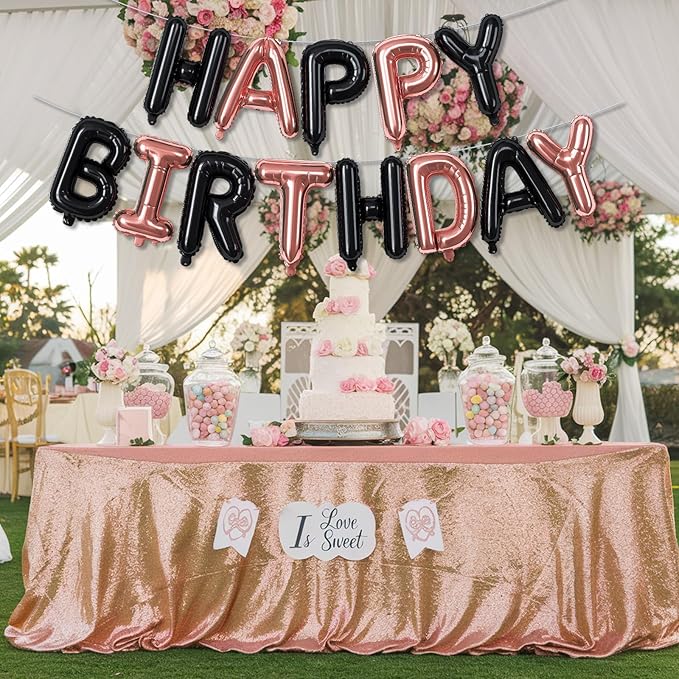 Happy Birthday Balloon Banner Rose Gold, 16 Inch Happy Birthday Foil Black Balloon, Happy Birthday Sign Bunting Banner Self Inflating Letter Balloon for Girls Women Birthday Party Decorations Supplies