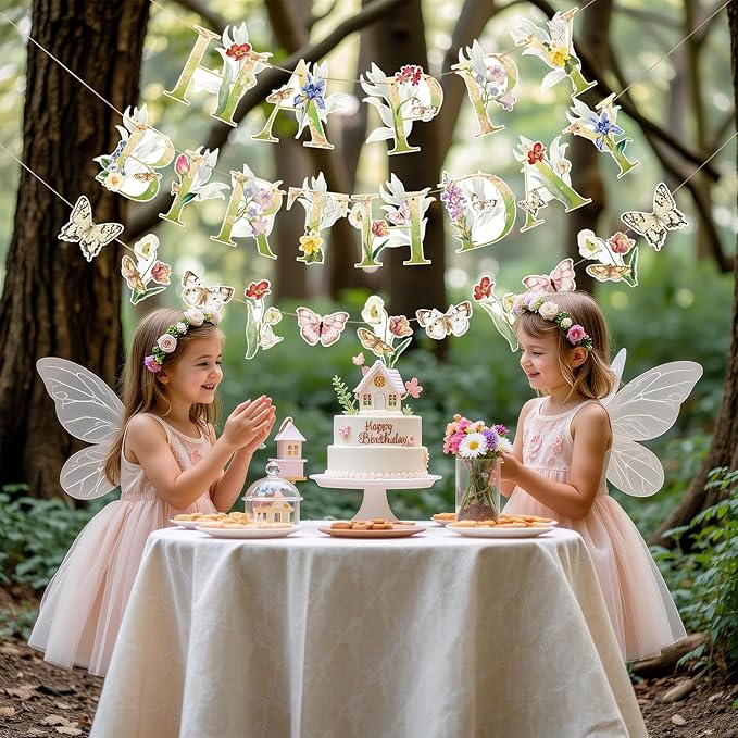 Sunbeauty Wildflower Butterfly Happy Birthday Banner Garden Party Decoration Floral Birthday Decorations for Women Girl Spring Summer Birthday Baby Shower Supplies | Pre-Strung