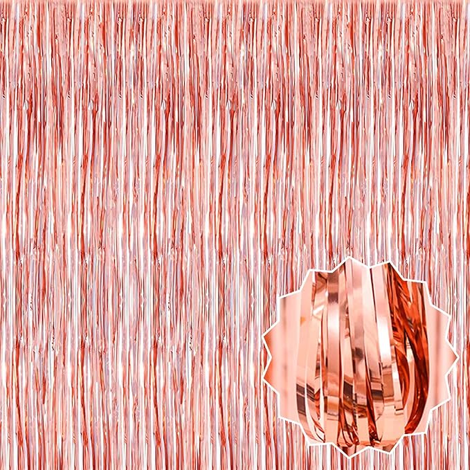 3 Pack Rose Gold Foil Fringe Curtains Backdrop, 3.28 x 8.2 Ft Metallic Streamers Tinsel Curtains Background for Photo Booth, Birthday, Halloween, Christmas, Thanksgiving, New Year Party Decorations
