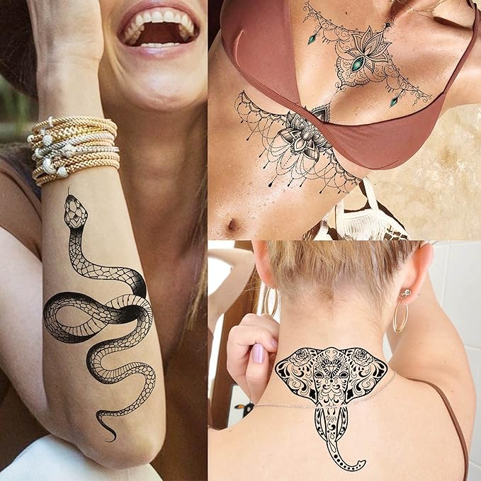 32 Sheets 89+ PCS Black Lotus Temporary Tattoos For Women Hands Adults Underboob, Tribal Indian Elephant Skull Snake Fake Tattoos, Bulk Bohemia Butterfly Tattoo Kit Sets Mandala Flower Moon
