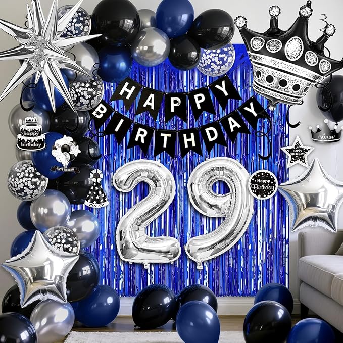 29th Birthday Decorations for Men and Women, Black Blue Silver Happy Birthday Number 29 Balloons, Banner, Fringe Curtains Garland Kit - 29 Year Old Party Supplies