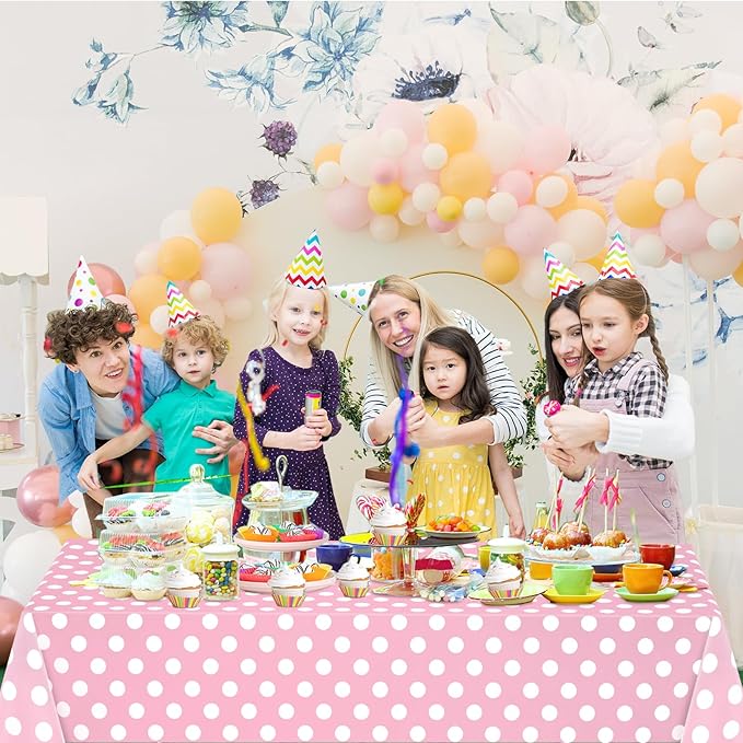 WNINK 4 Pack Light Pink and White Polka Dot Tablecloths, Pink Disposable Plastic Table Cover for Birthday, Wedding, Bachelor, Pink Girl Party, and Picnic Camping Parties 54" x 108"