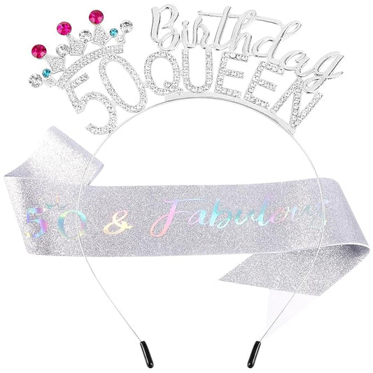 VELSCRUN 50th Birthday Queen Headband, Tiara Crown for Women, 50th Birthday Decorations for Her, Birth Queen Tiaras Crowns Sash for Women Mom Birth Party Decoration Hair Accessories Silver