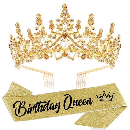 Velscrun Gold Crystal Birthday Queen Tiara Crown for Women Girls Birthday Queen Headband Sash Elegant Princess Crown with Combs Hair Accessories Happy Birth Party Decorations Mom Birth Gift