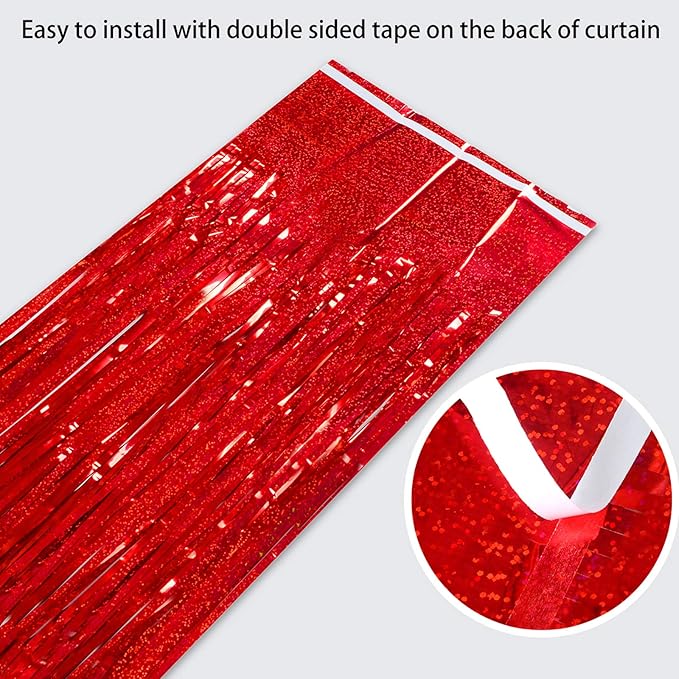 Melsan 2 Pack Red Tinsel Foil Fringe Curtains Backdrop, Sparkle Tinsel Backdrop Streamers for Christmas Valentines Veterans Birthday Party Decorations