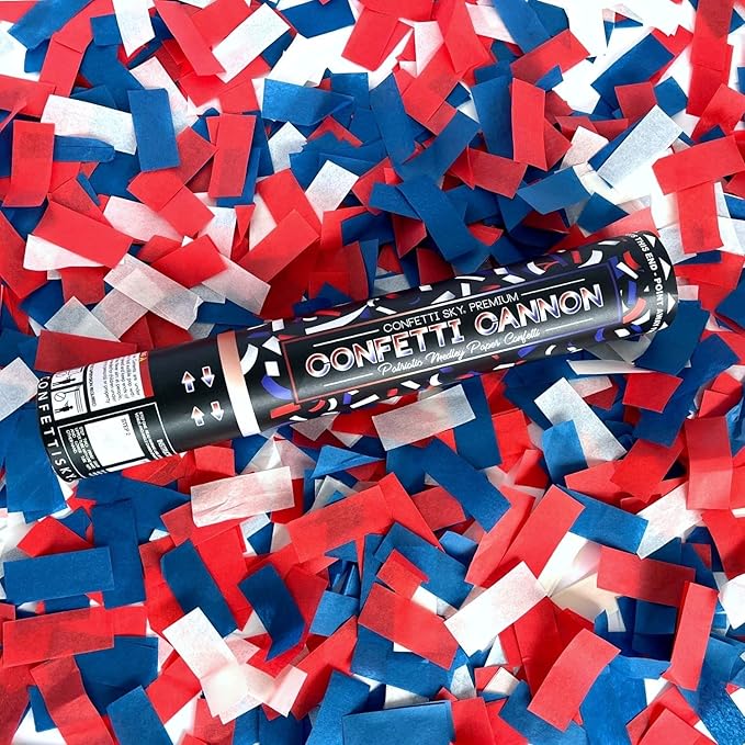 Confetti Sky [6 Pack] 12 Inch Confetti Cannons | Confetti Poppers for Wedding Celebration, Birthday Party, Pranks, Graduation, Christmas Eve and New Year Celebration (Blue,red,white)
